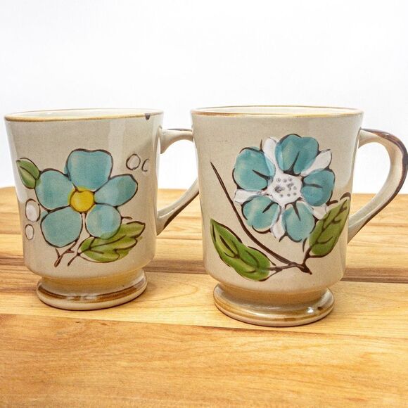 Pair Vintage Sunnycraft Sunny Collection Floral Stoneware Pedestal Coffee Mugs - Picture 8 of 8